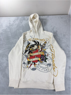 Ed Hardy Hoodie Mens Small White Tattoo Graphic Pierced Hearts Fleece Pullover